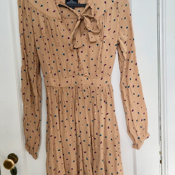 Angie Tie Neck Tan Long Sleeve Elastic Waist Dress - Picture 4 of 6